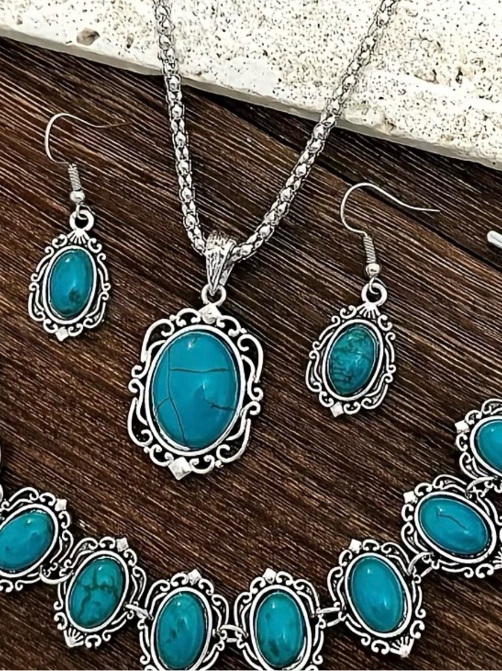 Turquoise Oval Pendant Necklace and Earring Set - Silver-Tone